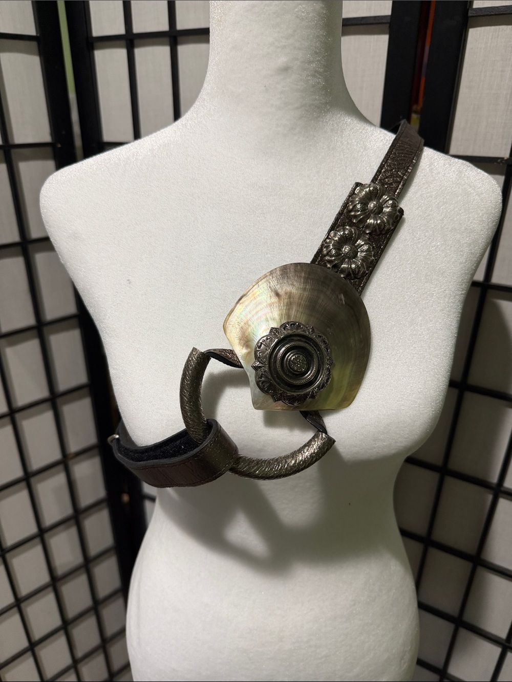 Artisan Metallic Abalone Shell Statement Belt Hook and Loop Adjustable Metal
